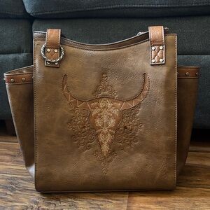 New Catchfly conceal carry Brown Embroidered cow skull purse